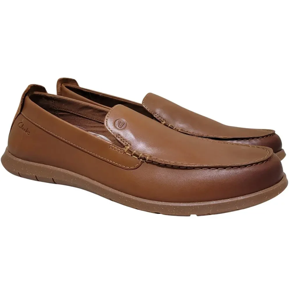 Clarks Men Flexway Step Slip On Moc Toe Loafers Size US 11M Tan Brown Leather